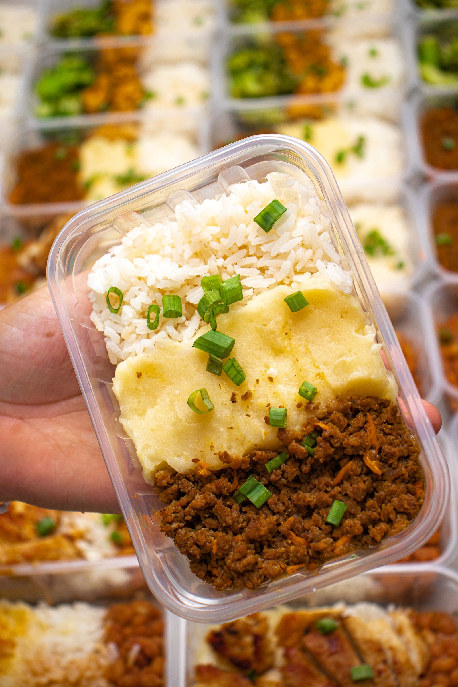 A hand holding a lidded meal container with rice, mashed potatoes and ground meat