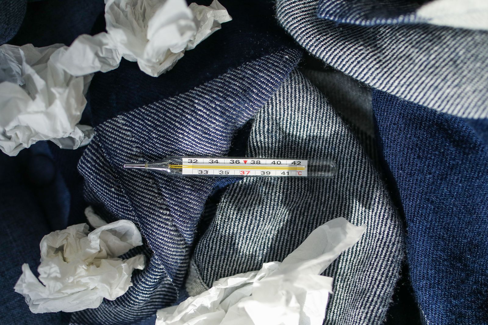 A glass thermometer lying on a blue striped blanket among crumpled white tissues