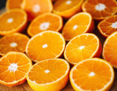 Close-up of freshly sliced oranges with juicy flesh