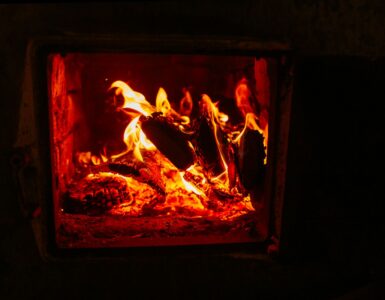 Logs burning behind the open door of a wood stove