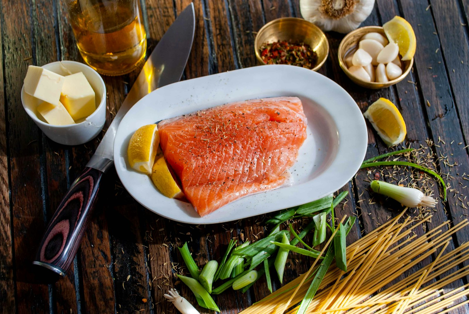 Raw salmon fillets photographed from above