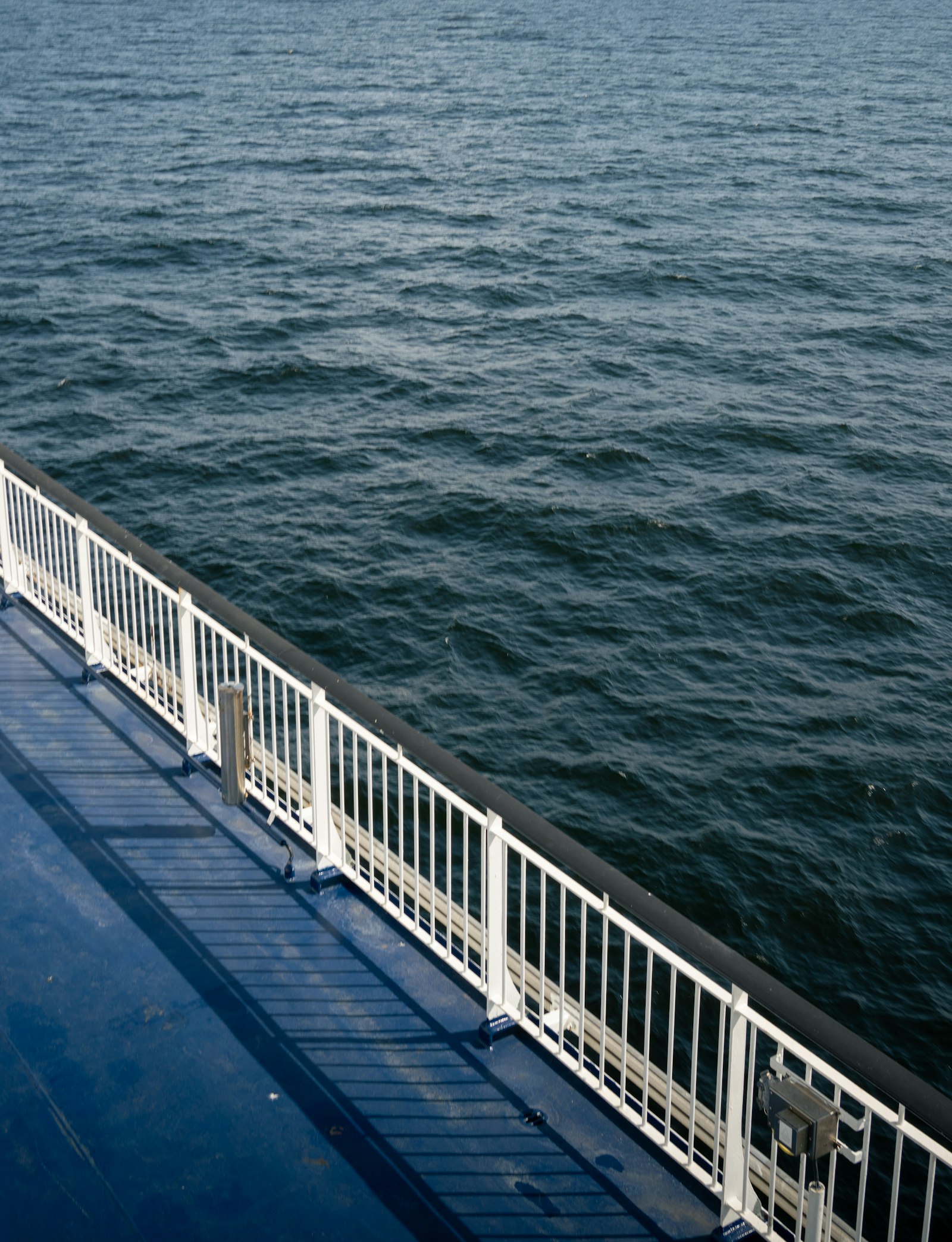 The white deck and railing of a ship with open ocean beyond