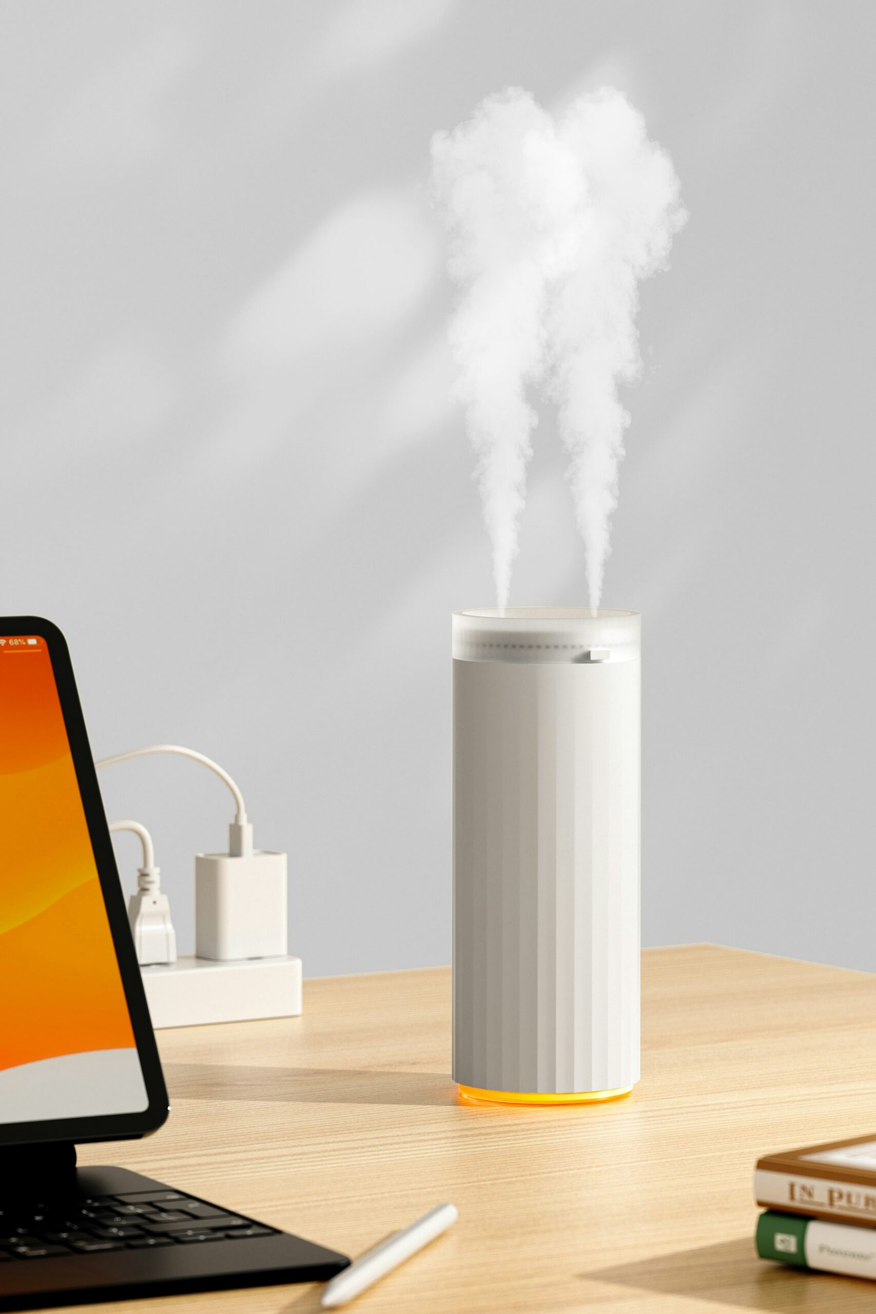 A white humidifier sending a plume of mist up from a wooden desk